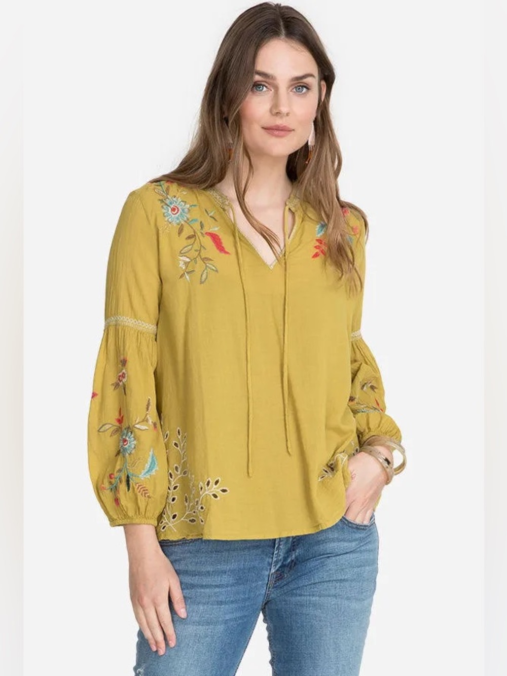 Johnny Was Lidia Effortless Peasant Embroidered Yellow Mustard Cotton Blouse